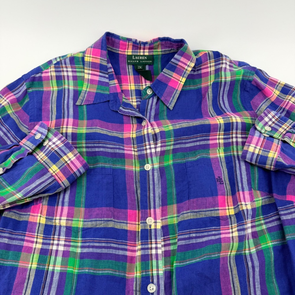 Lauren Ralph Lauren Plaid Linen Button Down Shirt Roll Tab 2X Blue Multi Preppy